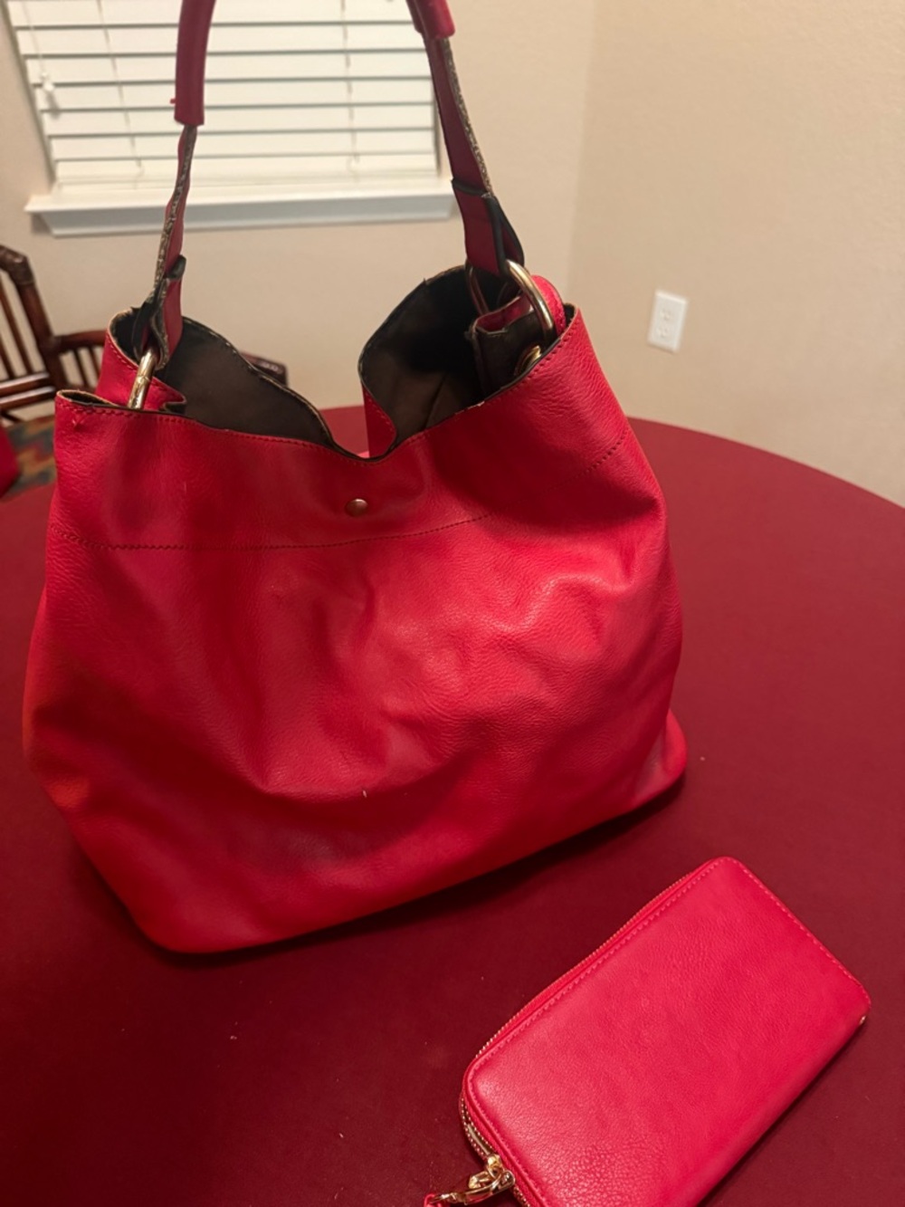 Red Women's Leather Shoulder Bag and Wallet Set